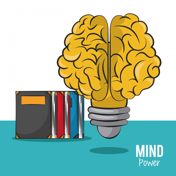Vector potencia mental y bombilla con libros