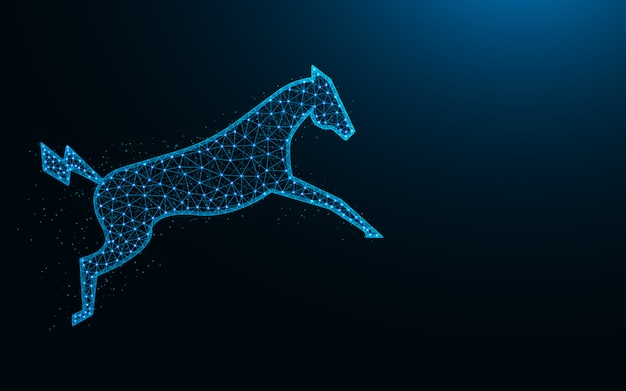 Vector potente caballo eléctrico en un diseño de salto de baja poli, imagen geométrica abstracta de animales, ilustración de vector poligonal de malla de malla de zoológico hecha de puntos y líneas