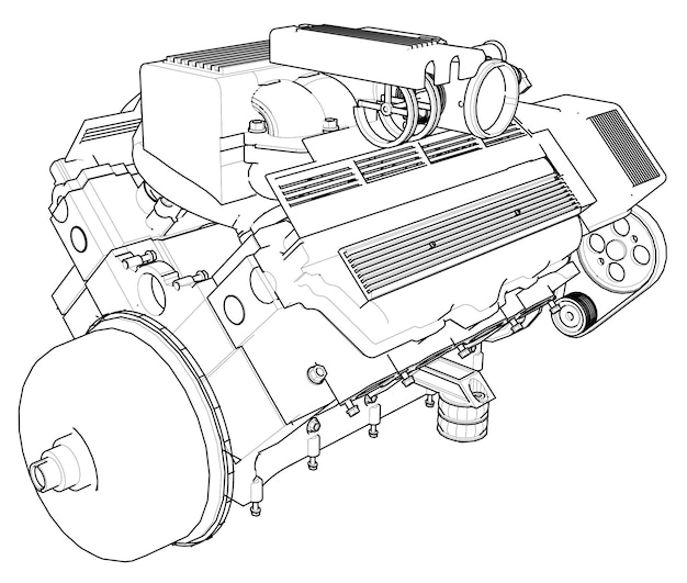 Vector potente motor de coche. el motor está dibujado con líneas negras sobre un fondo blanco.