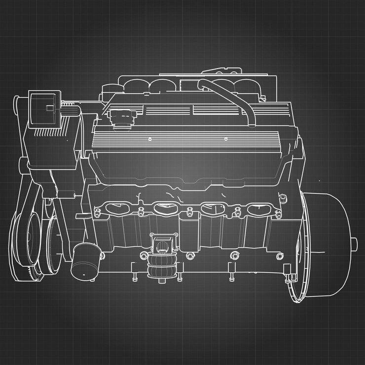 Potente motor de coche V8. El motor está dibujado con líneas blancas sobre una hoja negra en una jaula.