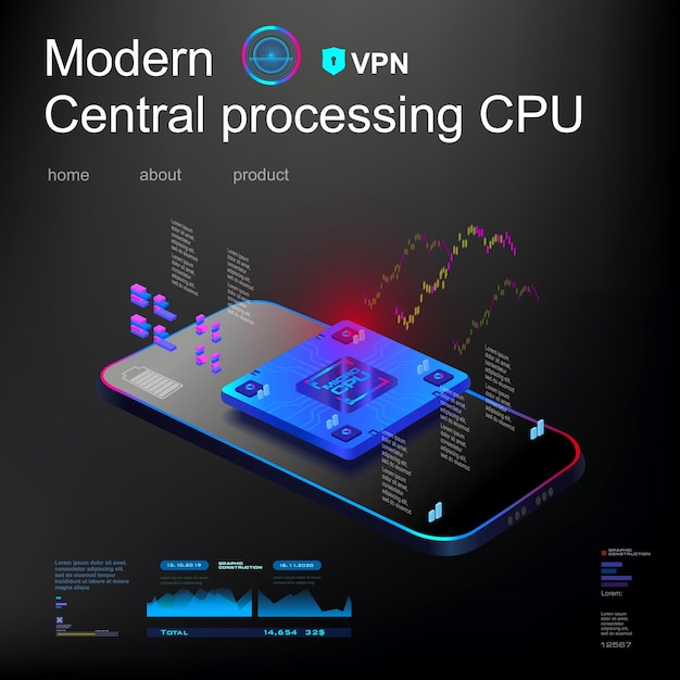 Potente procesador de CPU sobre fondo negro con teléfono móvil Procesador central moderno con características técnicas de flujo de datos de parámetros Sistemas electrónicos de desarrollo de tecnologías avanzadas