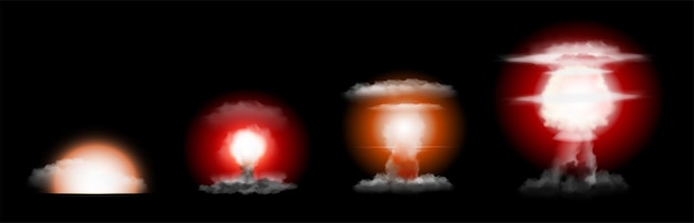 Potentes etapas de explosión nuclear aisladas sobre fondo negro ilustración vectorial realista