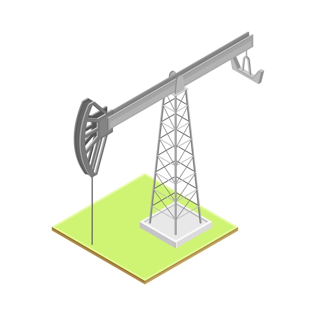 Pozo de petróleo con pumpjack como accionamiento sobre el suelo para traer ilustración vectorial isométrica de petróleo