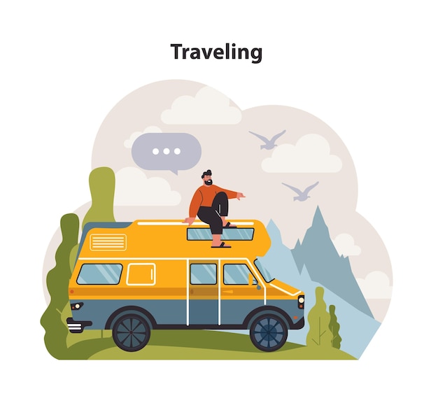 Práctica de bienestar moderno Viaje lento por carretera Vehículo automotor móvil para viajes de vacaciones en camping Práctica moderna de relajación al aire libre para el bienestar del cuerpo y la mente Ilustración de vector plano