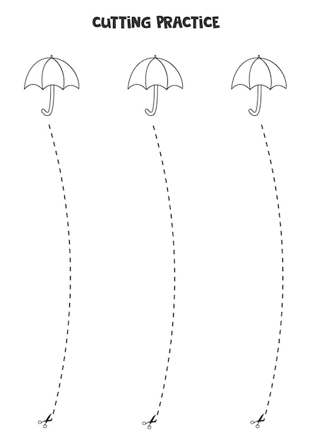 Práctica de corte para niños en edad preescolar. cortar por línea discontinua. paraguas blanco y negro.