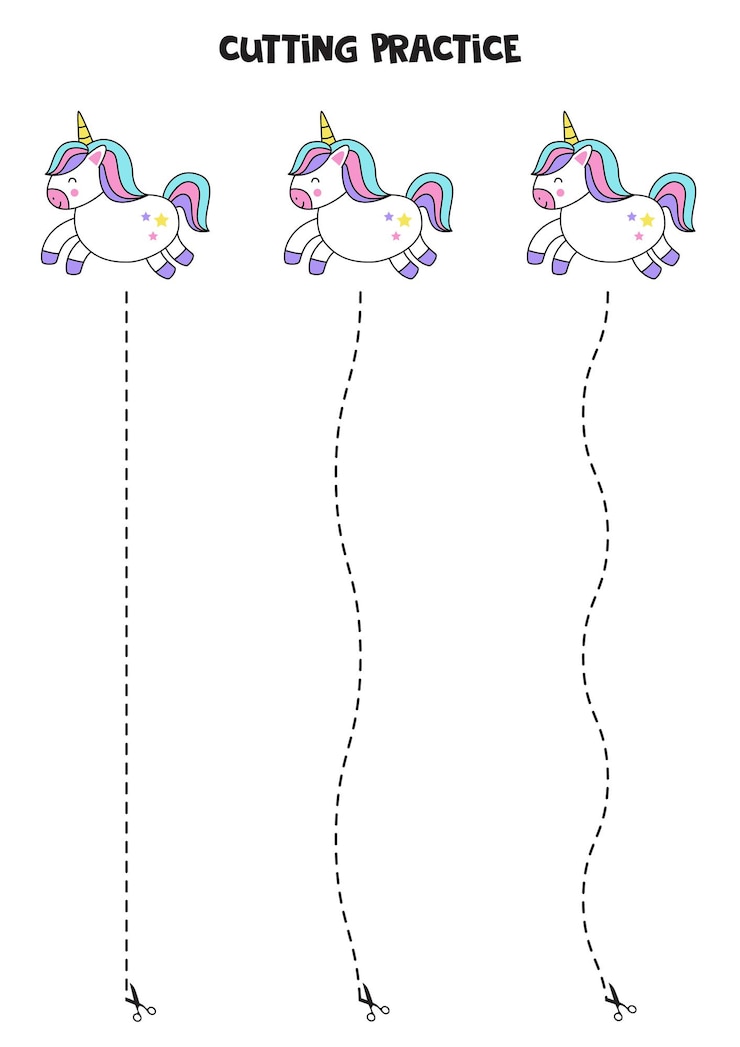 Vector práctica de corte para niños con lindos unicornios.
