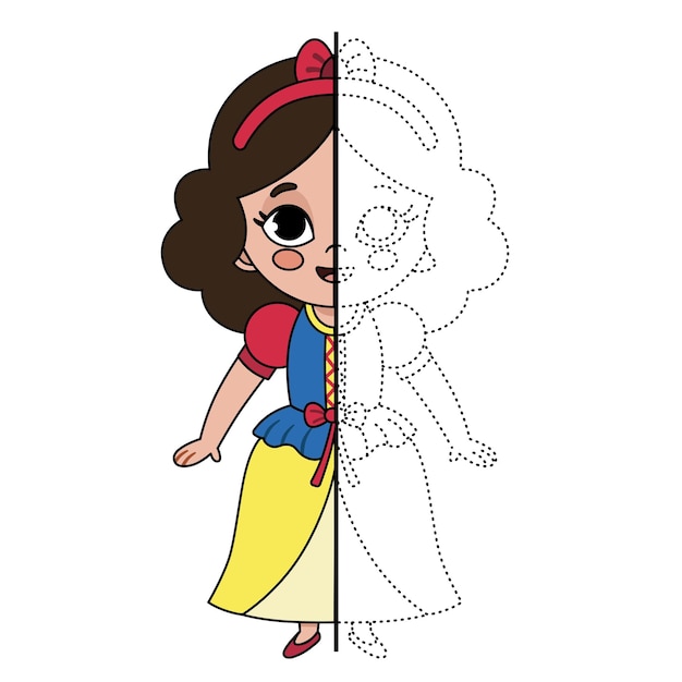 Práctica de dibujo para niños sobre el tema del personaje de Blancanieves Dibujar simétricamente