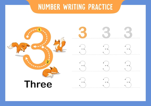 Práctica de educación de escritura de números número tres 3