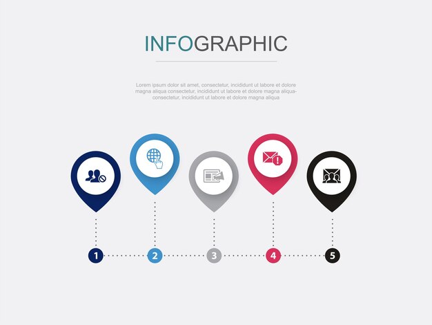 Práctica de entrenamiento de entrenamiento tutorial iconos de instrucción Plantilla de diseño de diseño de diseño infográfico Concepto de presentación creativa con 5 pasos