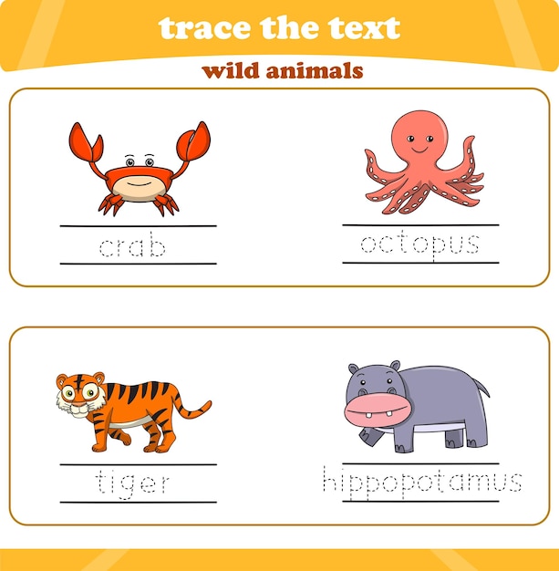 práctica de escritura con animales salvajes hoja de trabajo trazar el texto ilustración vectorial