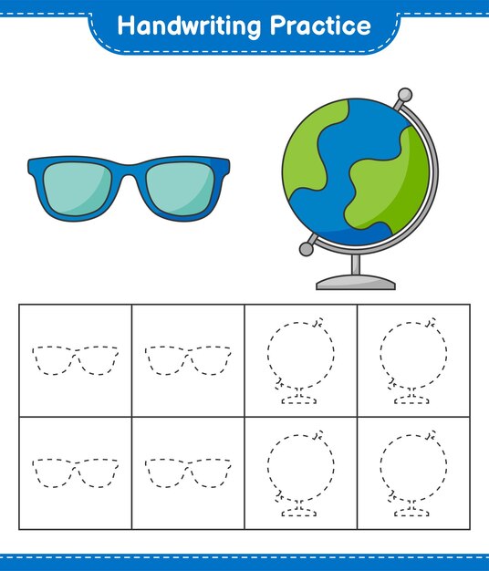 Práctica de escritura Líneas de trazado de gafas de sol y globo Juego de niños educativos hoja de cálculo imprimible ilustración vectorial