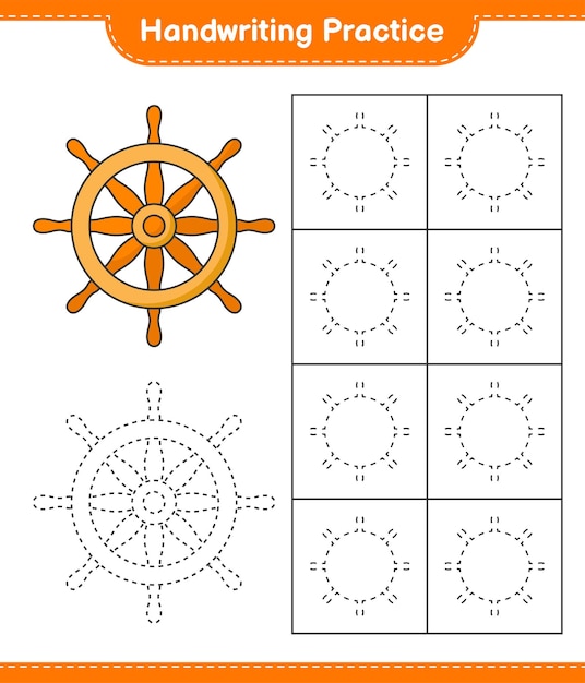 Práctica de escritura Líneas de trazado del volante del barco Juego educativo para niños hoja de cálculo imprimible ilustración vectorial