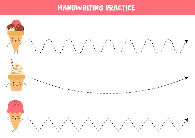 Vector práctica de escritura a mano para niños. cute kawaii helados.