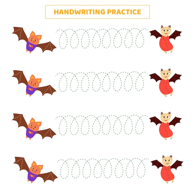 Práctica de escritura a mano para niños con murciélago de dibujos animados