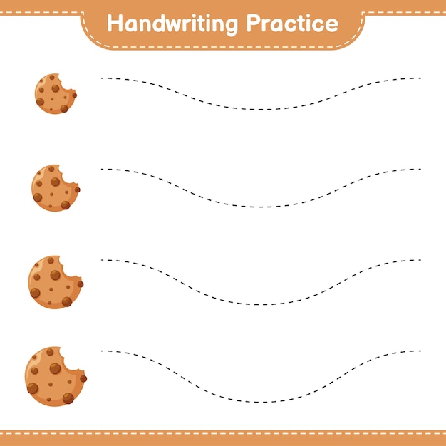 Práctica de escritura a mano. rastreo de líneas de cookies. juego educativo para niños, hoja de trabajo imprimible