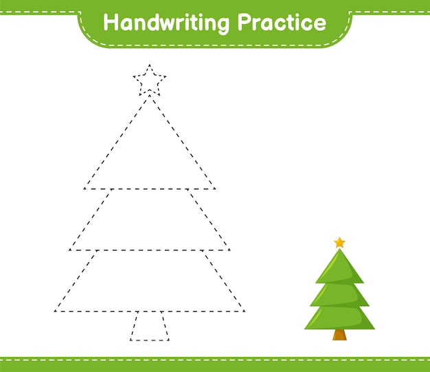 Práctica de escritura a mano. Trazado de líneas de árbol de Navidad. Juego educativo para niños, hoja de trabajo imprimible
