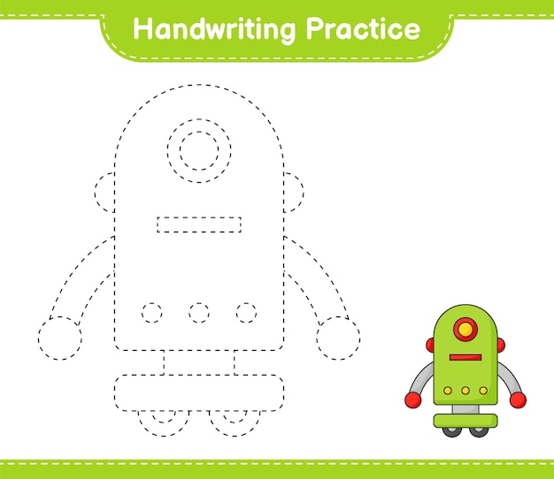 Práctica de escritura a mano. Trazado de líneas de carácter robot. Juego educativo para niños, hoja de trabajo imprimible, ilustración vectorial