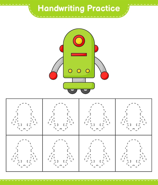 Práctica de escritura a mano. trazado de líneas de carácter robot. juego educativo para niños, hoja de trabajo imprimible, ilustración vectorial