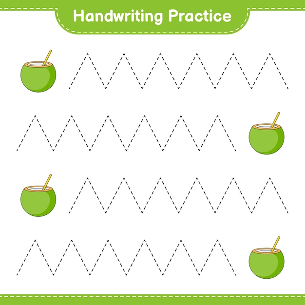 Práctica de escritura a mano. trazado de líneas de coco. juego educativo para niños, hoja de trabajo imprimible, ilustración vectorial