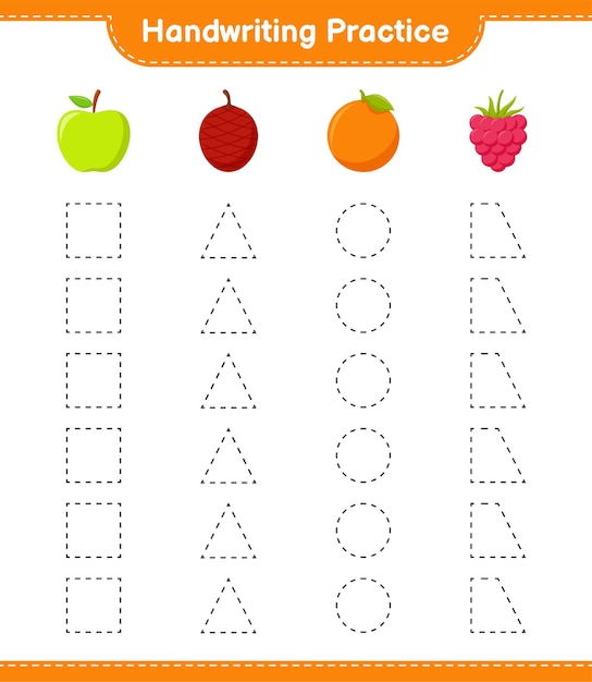 Práctica de escritura a mano. Trazado de líneas de frutas. Juego educativo para niños, hoja de trabajo imprimible