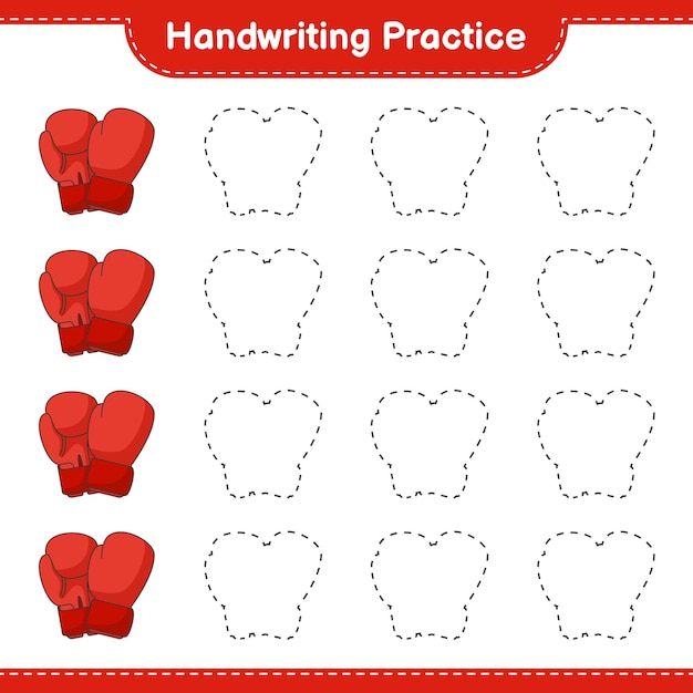 Práctica de escritura a mano. trazado de líneas de guantes de boxeo. juego educativo para niños, hoja de trabajo imprimible, ilustración vectorial