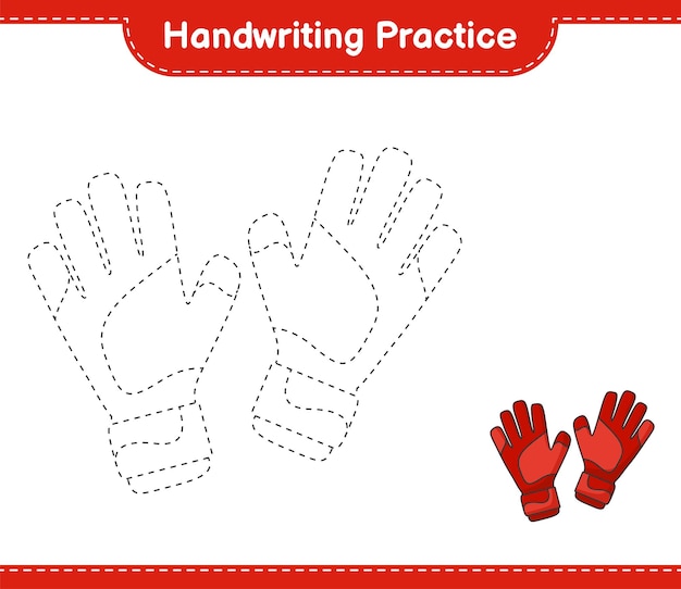 Práctica de escritura a mano. trazado de líneas de guantes de portero. juego educativo para niños, hoja de trabajo imprimible, ilustración vectorial