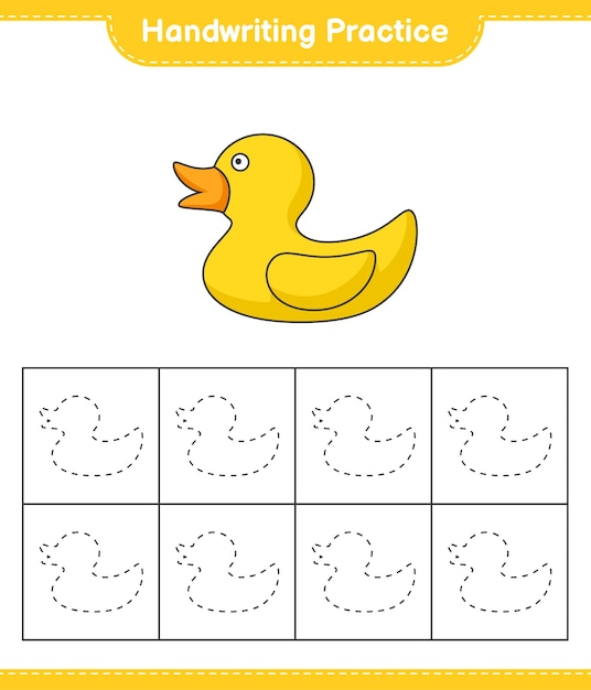 Práctica de escritura a mano. Trazado de líneas de pato de goma. Juego educativo para niños, hoja de trabajo imprimible, ilustración vectorial