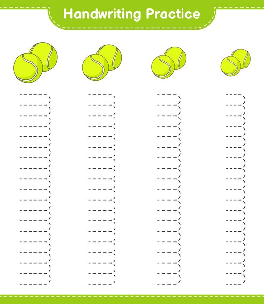 Práctica de escritura a mano. Trazado de líneas de pelota de tenis. Juego educativo para niños, hoja de trabajo imprimible, ilustración vectorial
