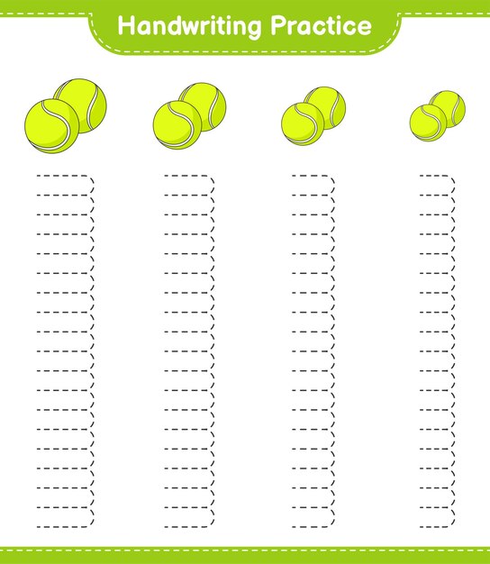 Práctica de escritura a mano. Trazado de líneas de pelota de tenis. Juego educativo para niños, hoja de trabajo imprimible, ilustración vectorial