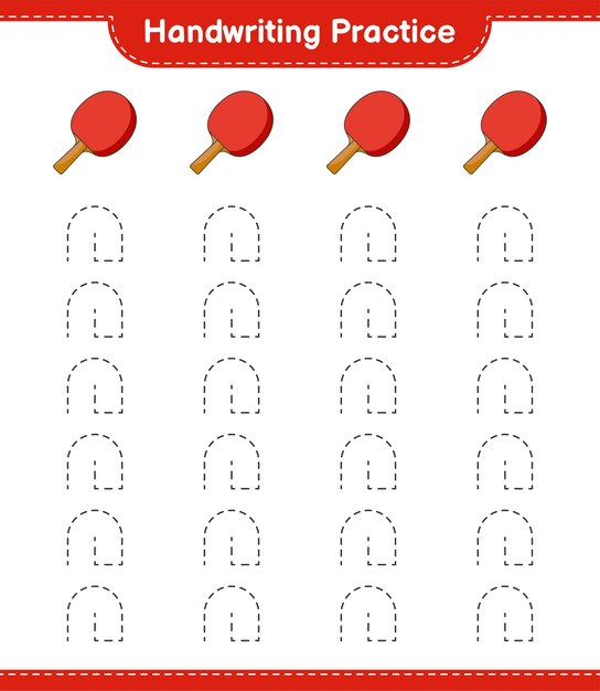 Práctica de escritura a mano. Trazado de líneas de raqueta de ping pong. Juego educativo para niños, hoja de trabajo imprimible, ilustración vectorial