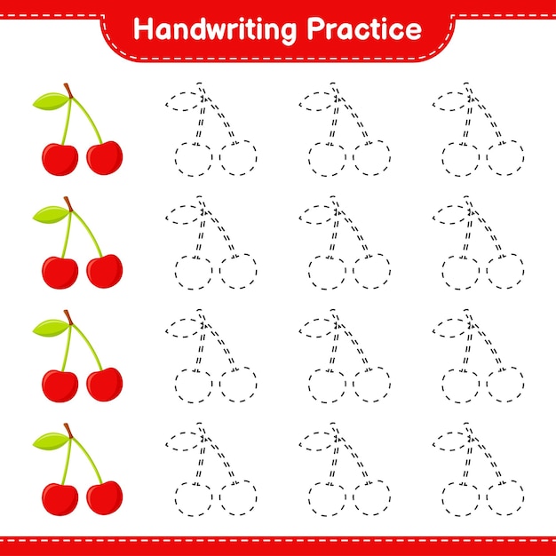 Práctica de escritura a mano. trazando líneas de cereza. juego educativo para niños, hoja de trabajo imprimible, ilustración