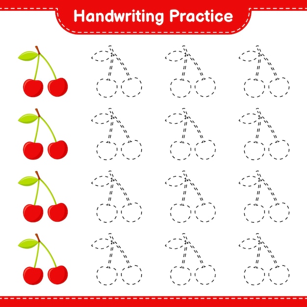 Práctica de escritura a mano. Trazando líneas de cereza. Juego educativo para niños, hoja de trabajo imprimible, ilustración