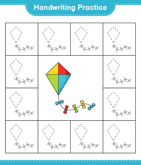 Práctica de escritura a mano. Trazando líneas de Kite. Juego educativo para niños, hoja de trabajo imprimible, ilustración vectorial