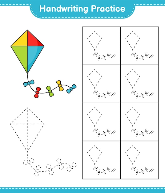 Práctica de escritura a mano. Trazando líneas de Kite. Juego educativo para niños, hoja de trabajo imprimible, ilustración vectorial