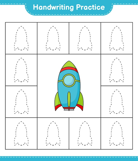 Práctica de escritura a mano. trazando líneas de rocket. juego educativo para niños, hoja de trabajo imprimible, ilustración vectorial