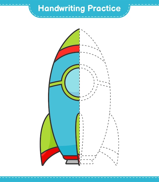 Práctica de escritura a mano. Trazando líneas de Rocket. Juego educativo para niños, hoja de trabajo imprimible, ilustración vectorial