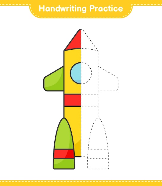 Práctica de escritura a mano. Trazando líneas de Rocket. Juego educativo para niños, hoja de trabajo imprimible, ilustración vectorial