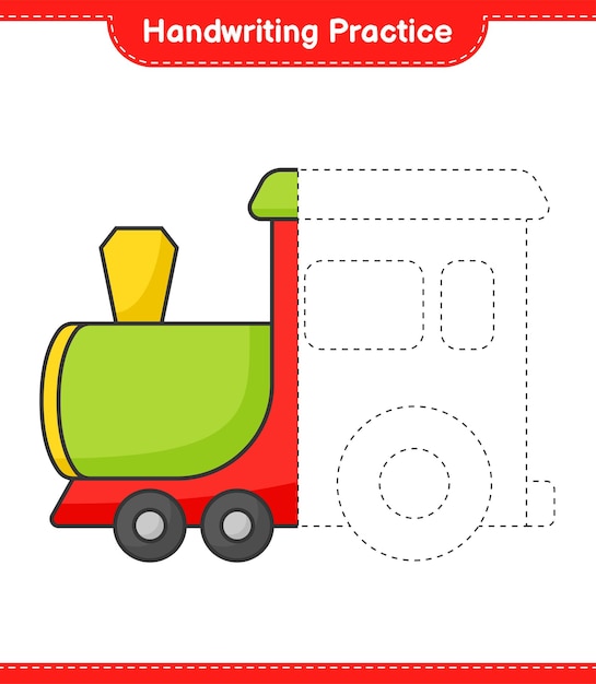 Práctica de escritura a mano. trazando líneas de tren. juego educativo para niños, hoja de trabajo imprimible, ilustración vectorial