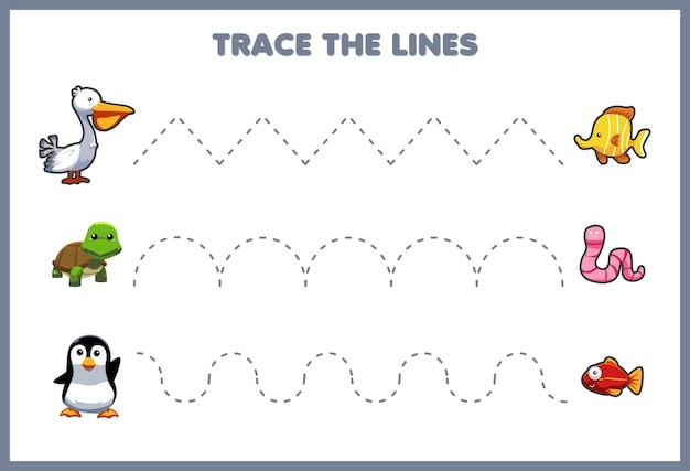 Práctica de escritura Trace las líneas Animales lindos en busca de comida