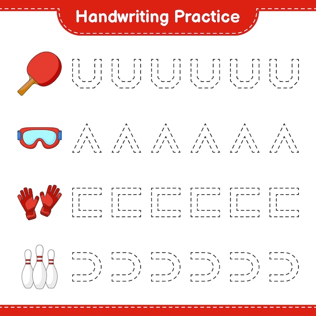 Práctica de escritura Trazar líneas de bolos Goggle Ping Pong Raqueta y guantes de portero Juego educativo para niños hoja de trabajo imprimible ilustración vectorial