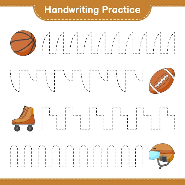 Práctica de escritura trazar líneas de casco de hockey patín de ruedas baloncesto y balón de fútbol juego educativo para niños hoja de cálculo imprimible ilustración vectorial