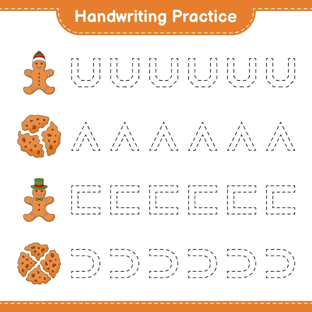 Práctica de escritura Trazar líneas de Cookies and Gingerbread Man Juego educativo para niños hoja de cálculo imprimible ilustración vectorial