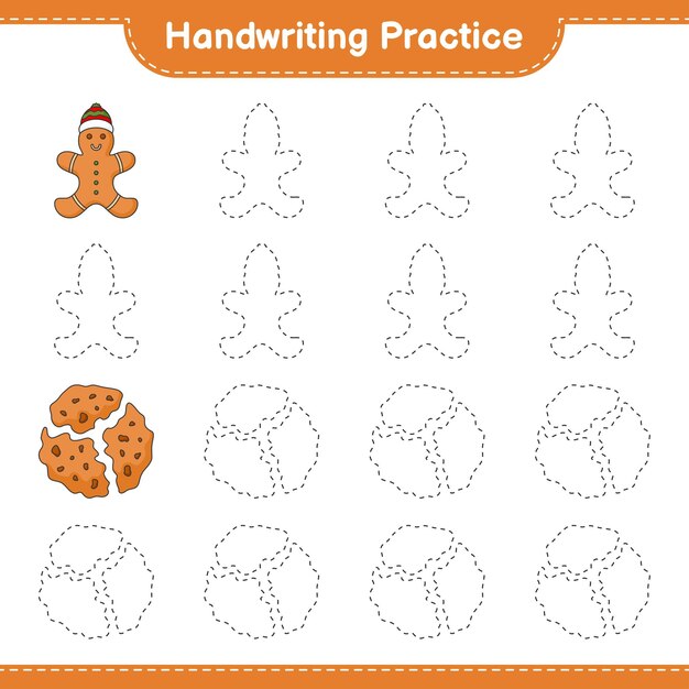 Práctica de escritura Trazar líneas de Gingerbread Man and Cookies Juego educativo para niños hoja de cálculo imprimible ilustración vectorial