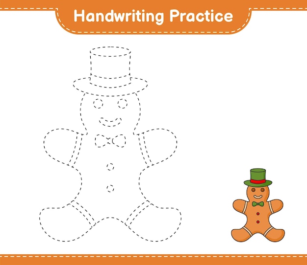 Práctica de escritura trazar líneas de gingerbread man juego educativo para niños hoja de cálculo imprimible ilustración vectorial