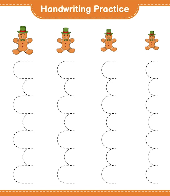 Práctica de escritura trazar líneas de gingerbread man juego educativo para niños hoja de cálculo imprimible ilustración vectorial