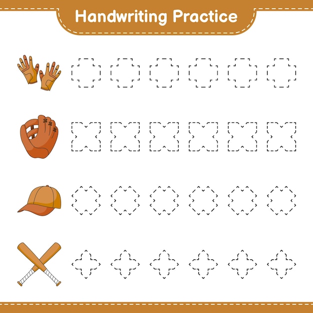 Práctica de escritura trazar líneas de guante de béisbol guantes de golf gorra sombrero y bate de béisbol juego educativo para niños hoja de cálculo imprimible ilustración vectorial