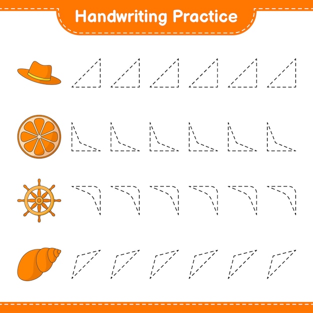 Práctica de escritura trazar líneas de hat orange ship steering y sea shells juego educativo para niños hoja de cálculo imprimible ilustración vectorial