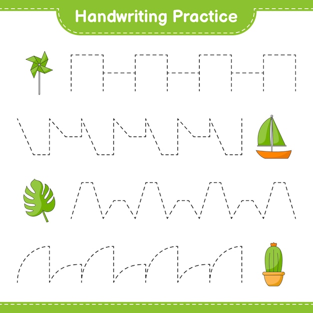 Práctica de escritura trazar líneas de molinetes cactus monstera y velero juego educativo para niños hoja de trabajo imprimible ilustración vectorial