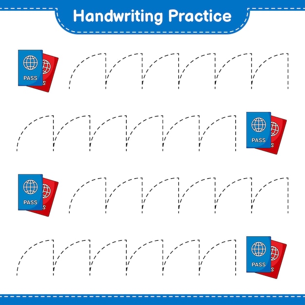 Práctica de escritura Trazar líneas de Passport Educational niños juego hoja de cálculo imprimible ilustración vectorial