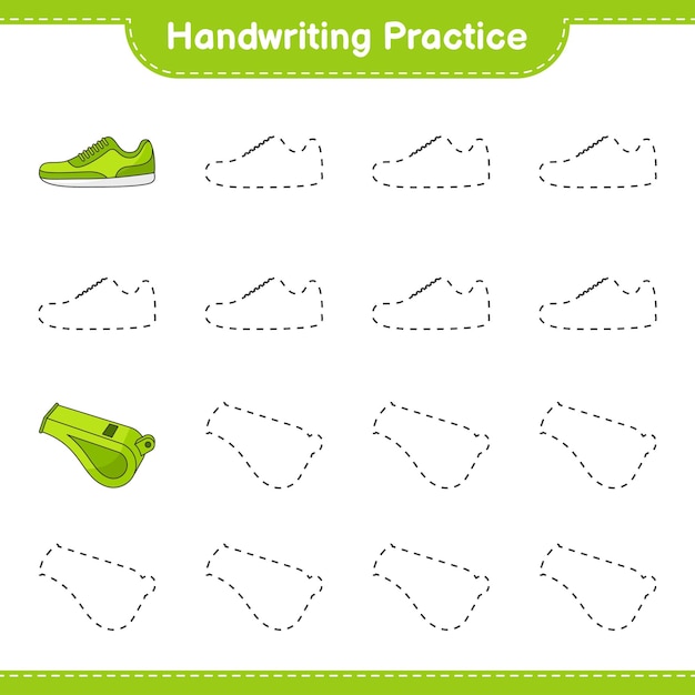 Práctica de escritura Trazar líneas de Sneaker and Whistle Juego educativo para niños hoja de cálculo imprimible ilustración vectorial